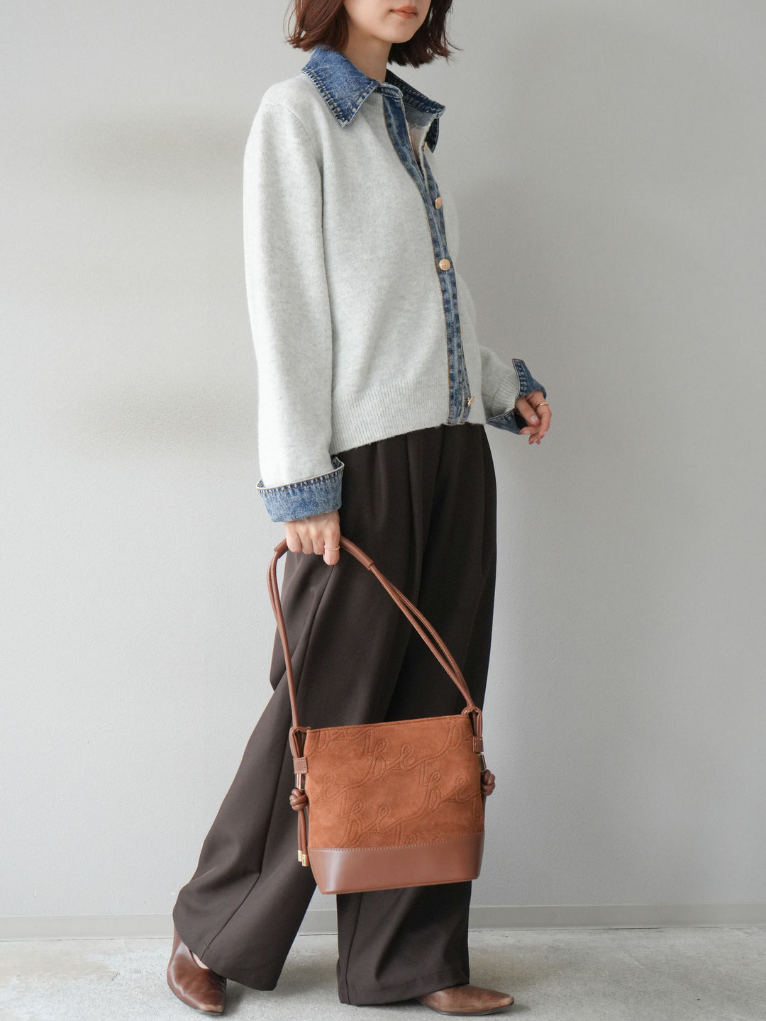 [SET]デニム襟ボタンニットカーディガン+エステルタックワイドパンツ(2set)