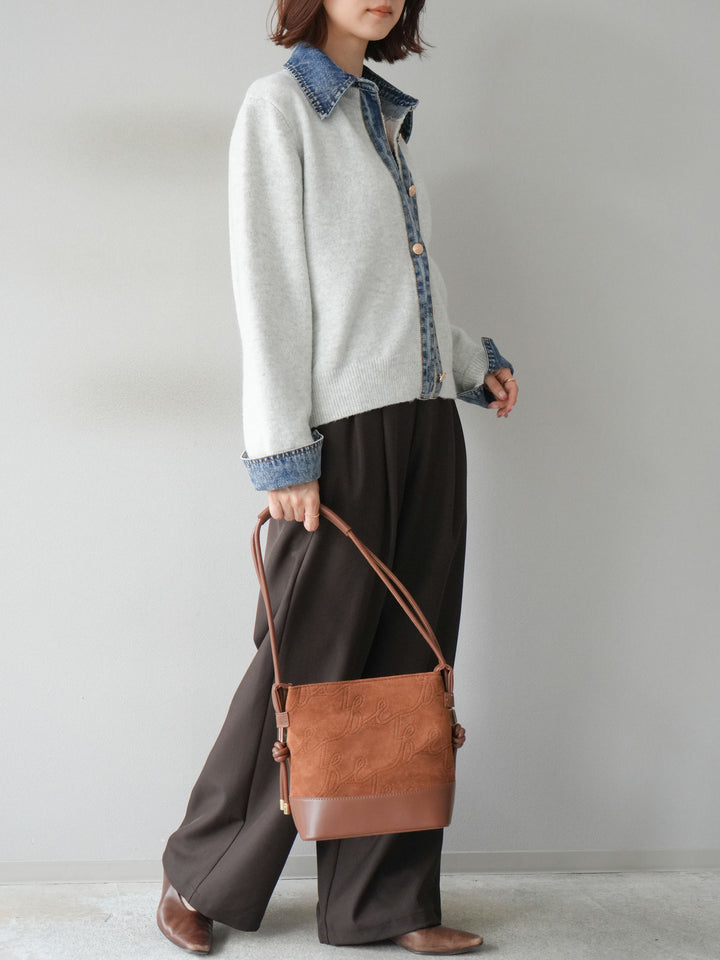 [SET]デニム襟ボタンニットカーディガン+エステルタックワイドパンツ(2set)