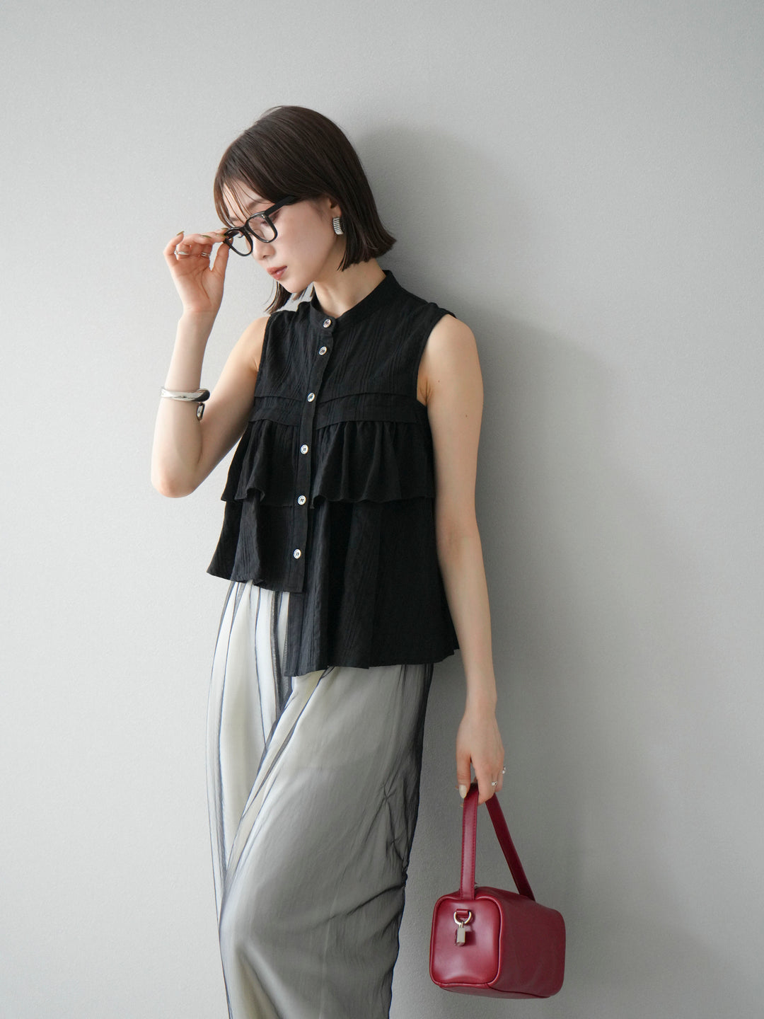 [SET]ドビーストライプアシンメトリーフリルノースリブラウス+リネンライクイージーワイドパンツ(2set)