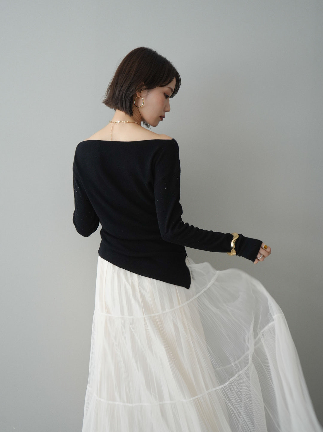 [予約]ラインストーンアシンメトリーニットトップス/black