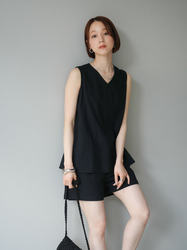 [SET] 仿亞麻V領上衣&amp;短褲套裝 + 仿亞麻V領上衣&amp;短褲套裝 (2set)