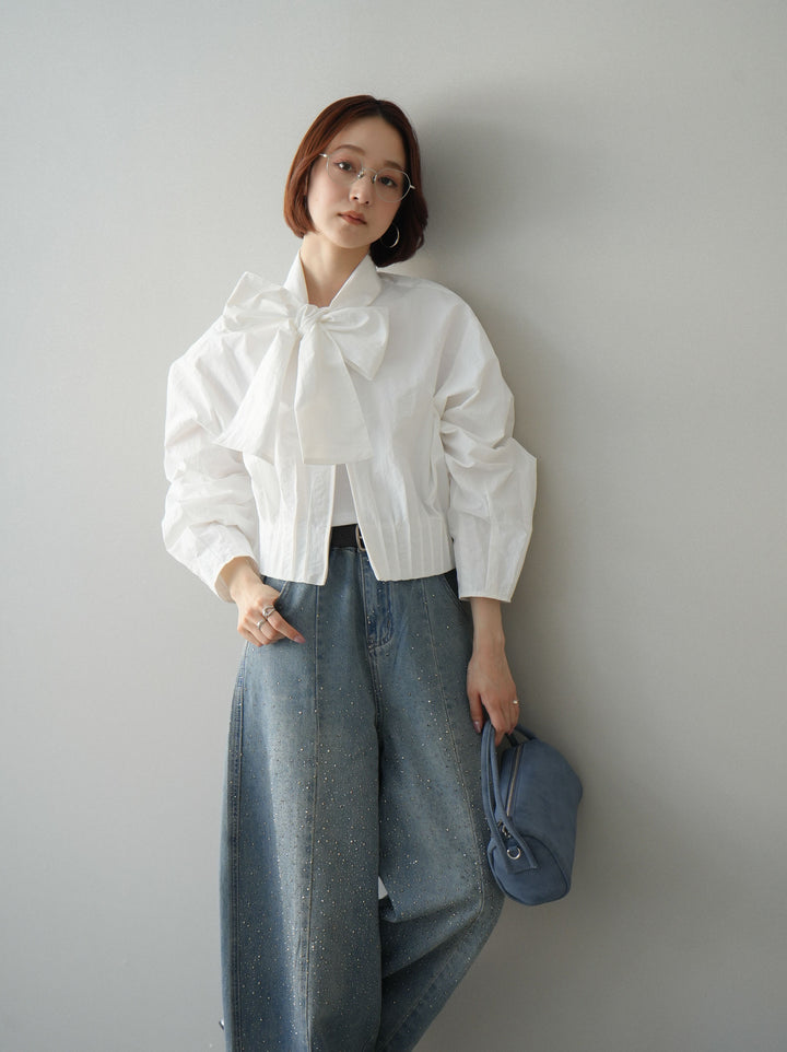 [SET]ボウタイ裾プリーツライトジャケット+フロントビジューカーブデニムパンツ(2set)