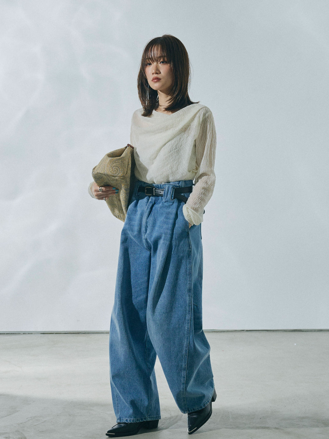 【Allure】[SET]ストレッチレースドレープトップス+ハイウエストベルトループデザインデニムパンツ(2set)