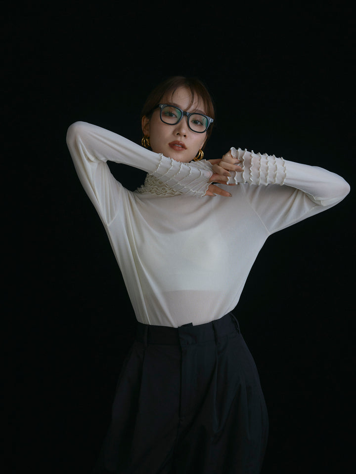 【Allure】[SET]シアーフリルメロートップス+タフタワイドカーブパンツ(2set)