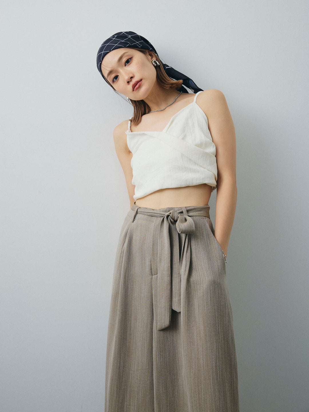 [SET]リネンライクカシュクールデザインビスチェ+リネンライクウエストリボンワイドパンツ(2set)