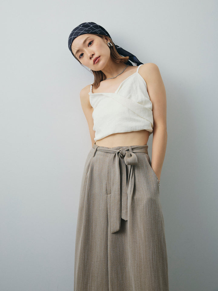 [SET]リネンライクカシュクールデザインビスチェ+リネンライクウエストリボンワイドパンツ(2set)
