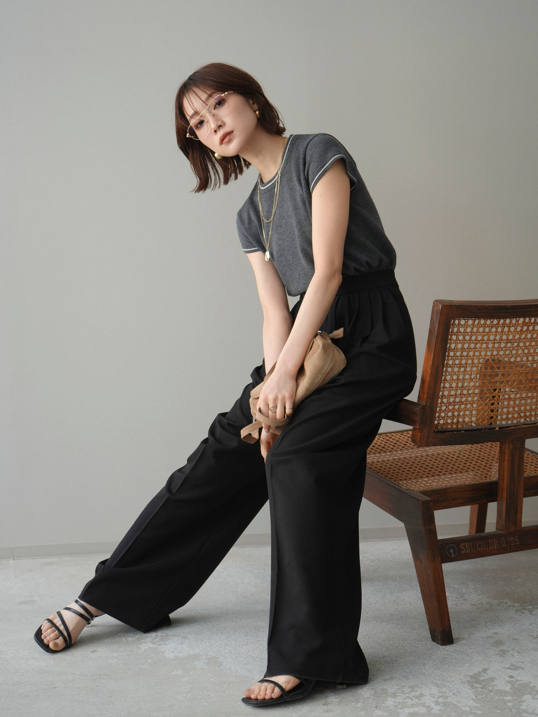 [SET]配色ハーフスリーブニットトップス+メニータックワイドパンツ(2set)