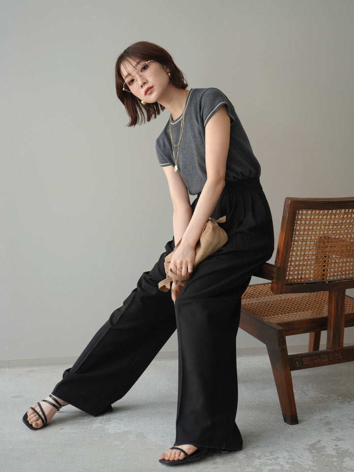 [SET]配色ハーフスリーブニットトップス+メニータックワイドパンツ(2set)