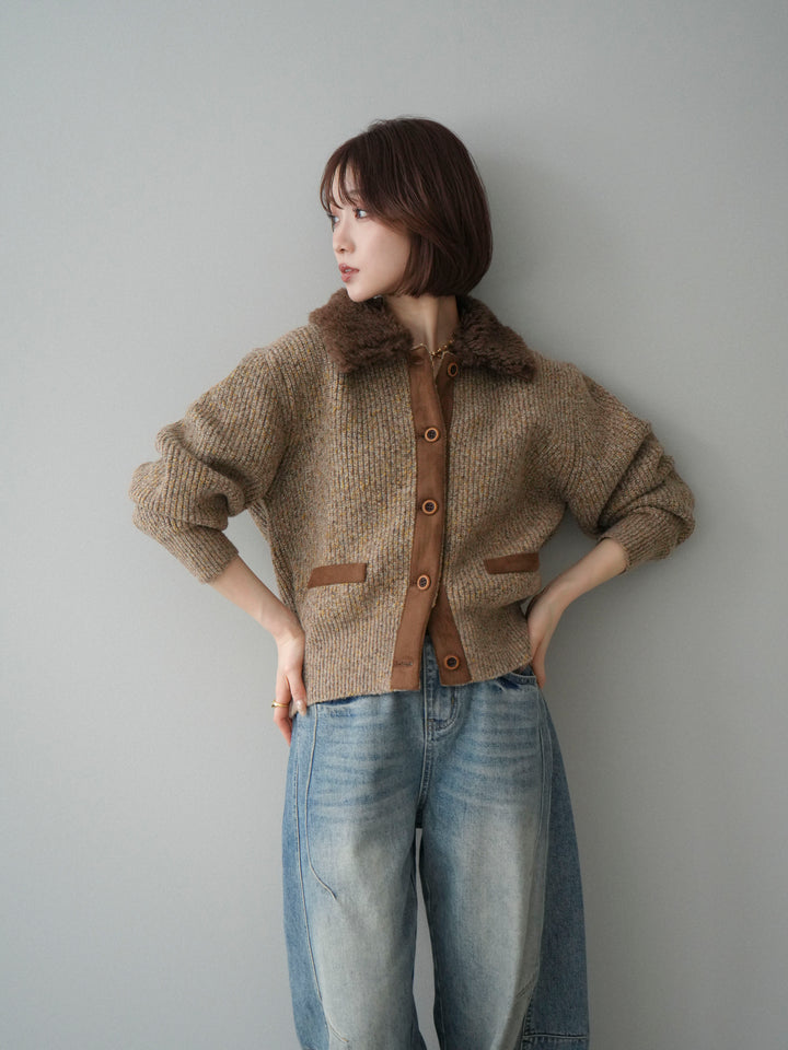 [SET]襟ボアミックスヤーンニットカーディガン+ベルト付カーブデニムパンツ(2set)