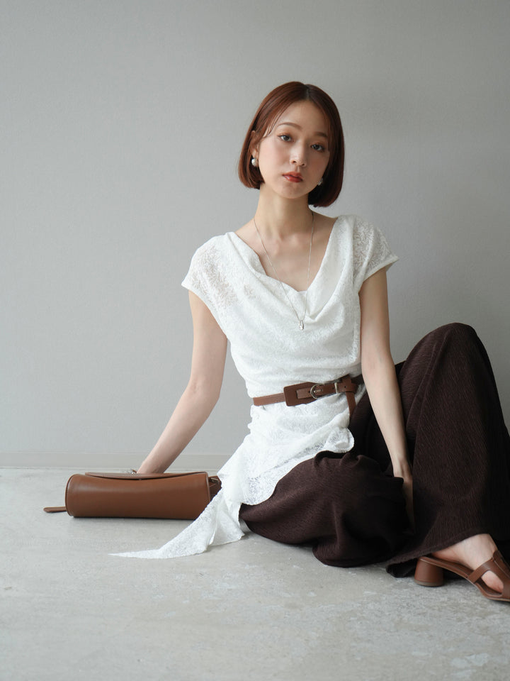 [予約]ベルト付ドレープデザインレーストップス/ホワイト