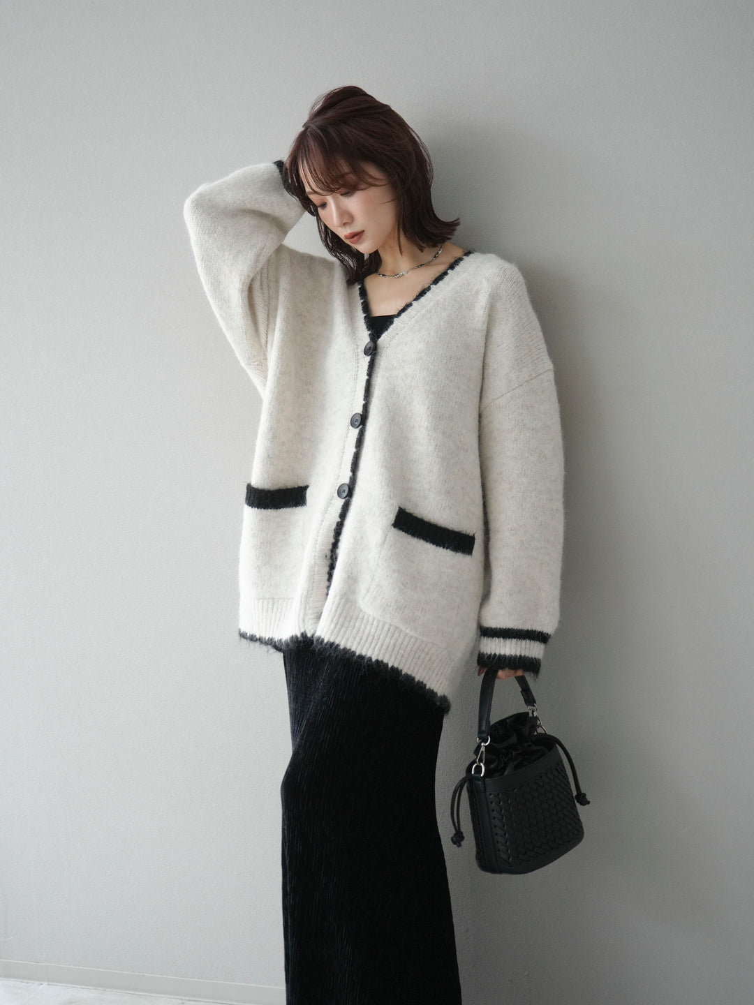 [予約]バイカラーラメニットカーディガン/ivory