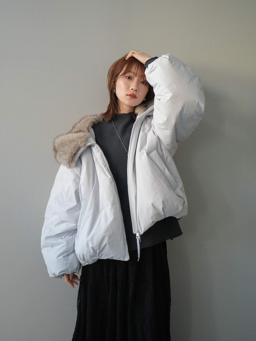 [予約]フードファーショートダウンコート/lightgray