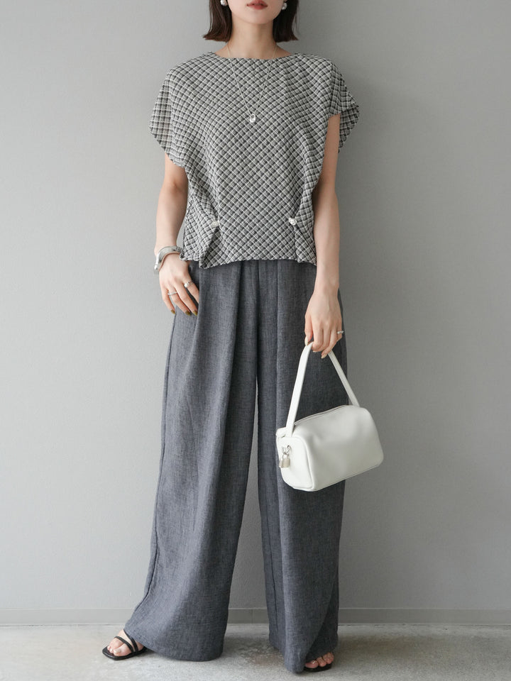 [予約]チェック柄タックデザインフレンチスリーブトップス/ブラック