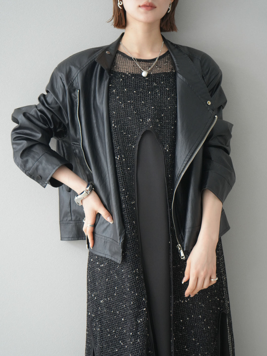 【預購】前開衩網紗連身裙/黑色