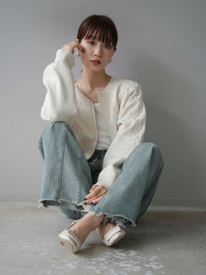 [SET]コード刺繍コットンニットジップカーディガン+ダブルストラップカットリブブラキャミソール+ベルトアシンメトリーダメージデニム(3set)