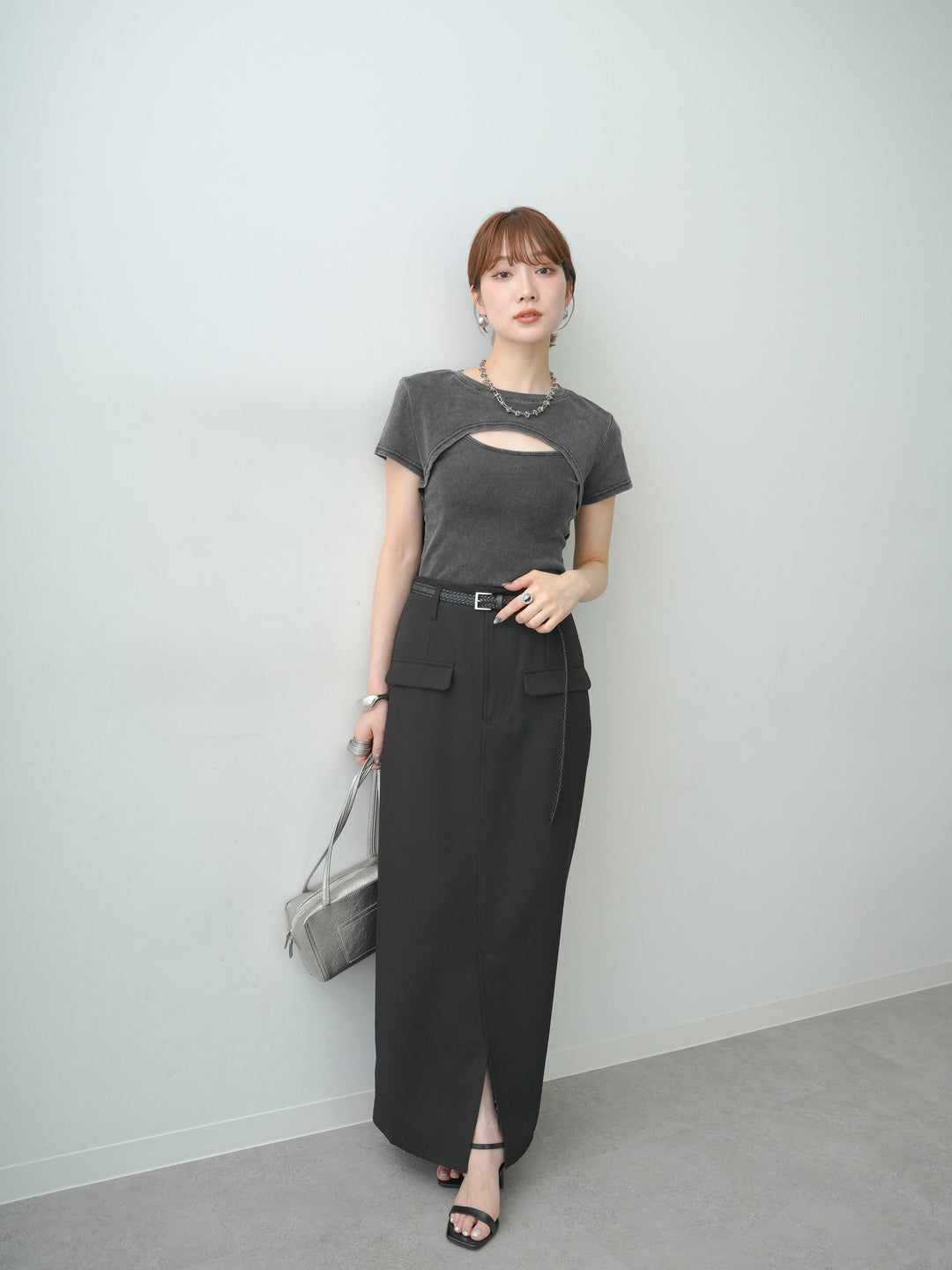 [SET]フロントオープンレイヤードトップスセット+クレープデシンフラップ付きストレートスカート(2set)