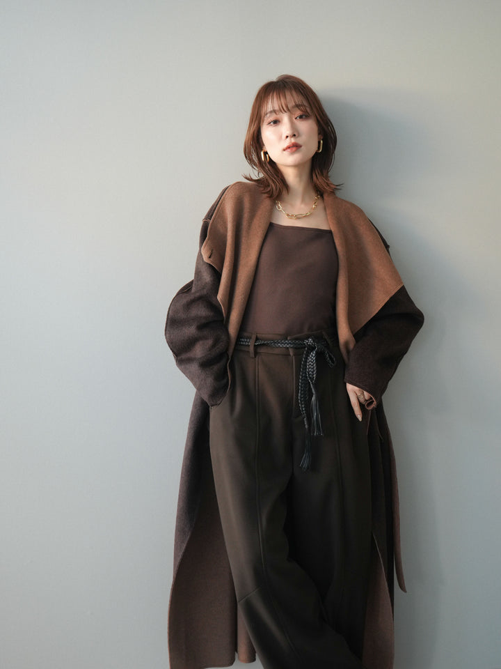 [予約]ダブルフェイスバイカラーロングコート/brown