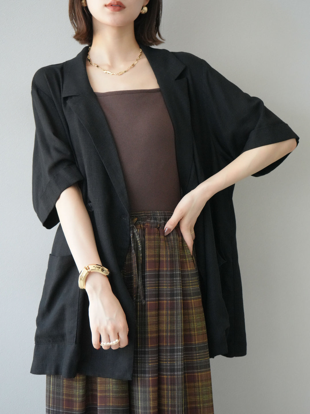 【預購】輕亞麻半袖外套/黑色