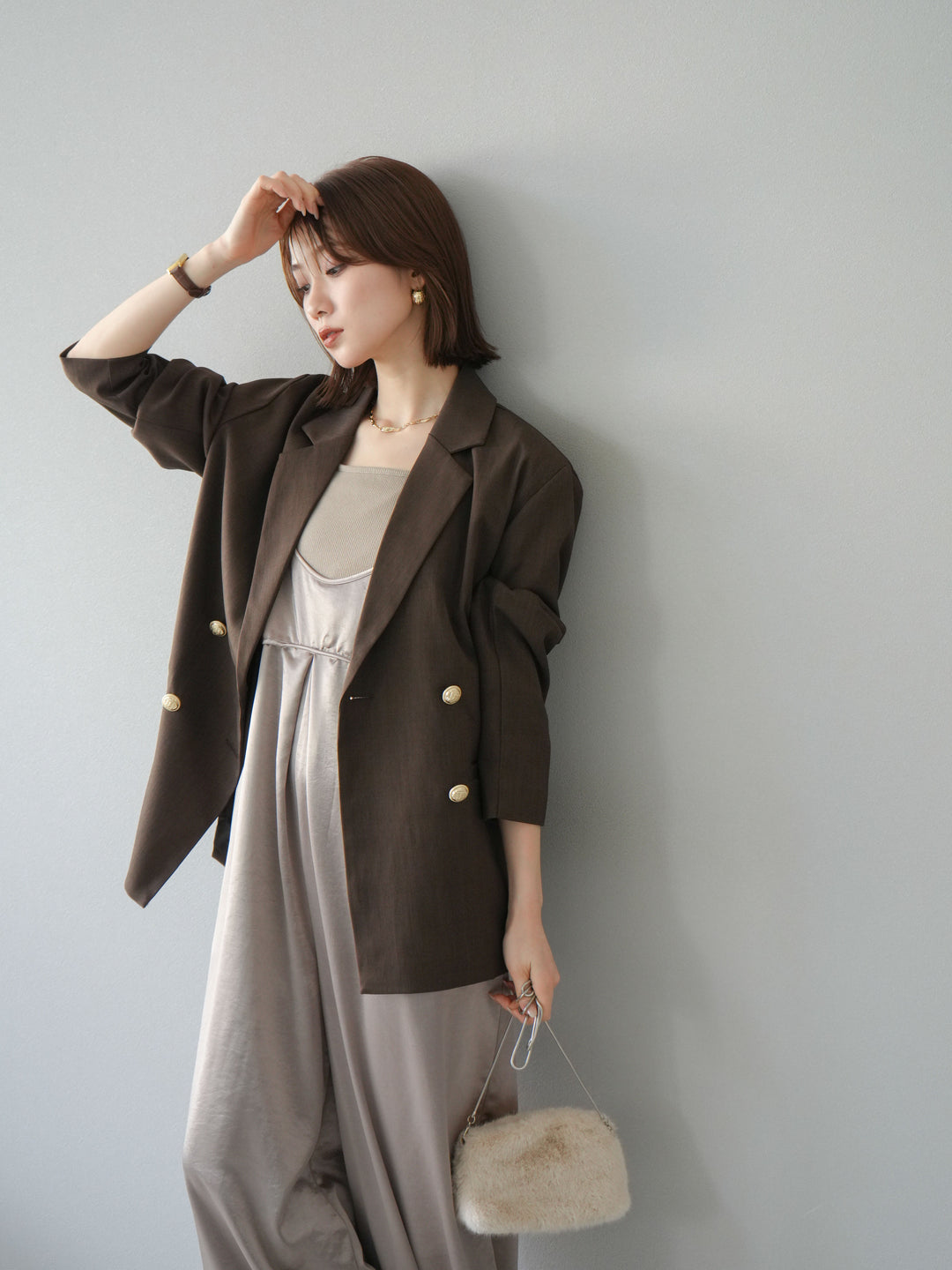 [予約]ゴールドボタンツイルダブルテーラードジャケット/ブラウン