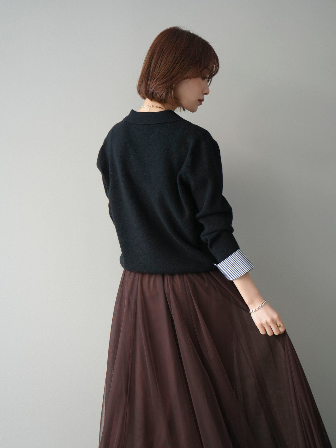 [予約]シャツレイヤードスキッパーニットプルオーバー/black