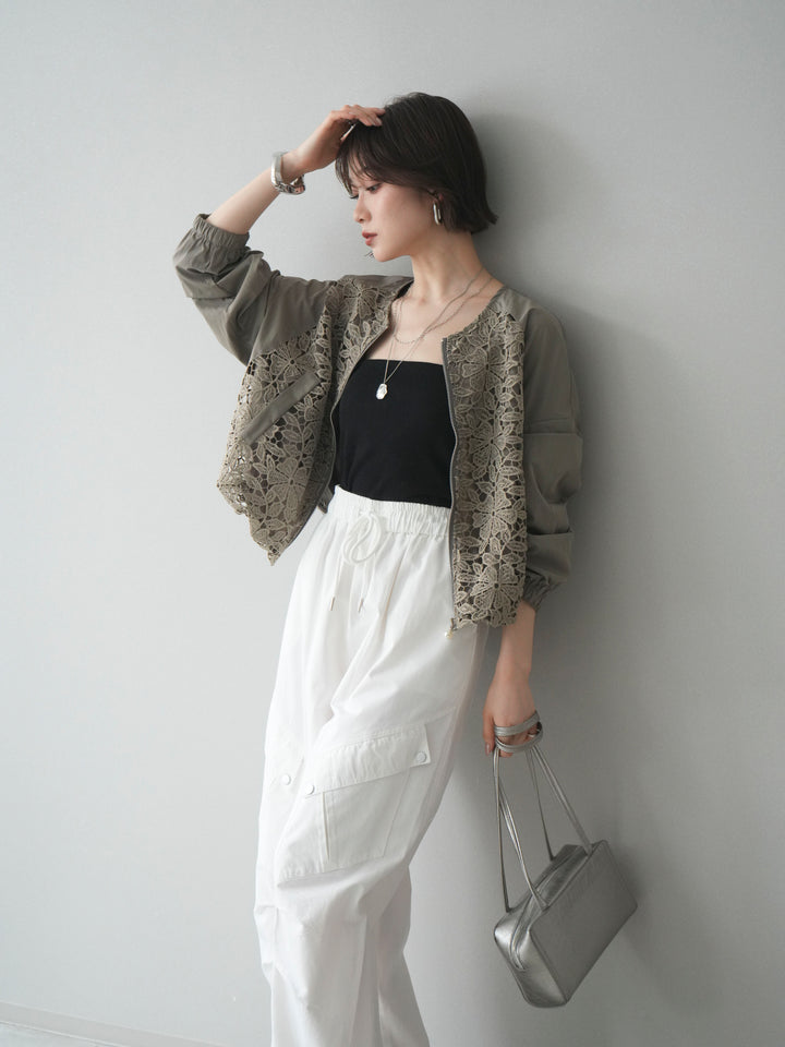 [SET]レースドッキングブルゾン+タックデザイン裾ドロストカーゴパンツ+カップ付テレコリブベアキャミソール(3set)