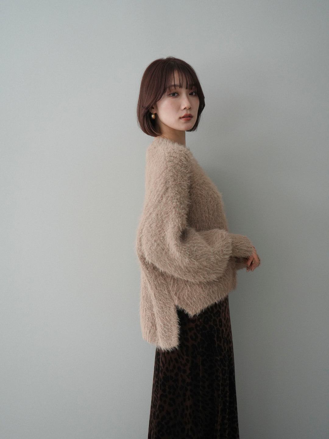 [予約]ボリュームスリーブシャギー MIXニットプルオーバー/brown