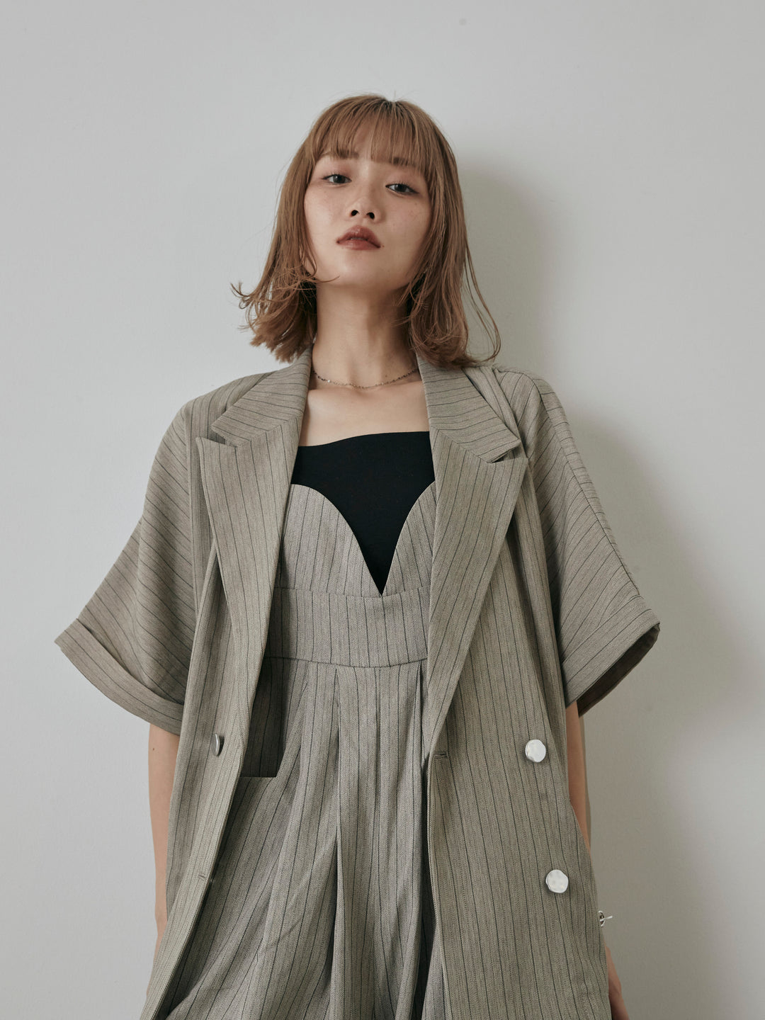 [予約]バックオーガンジーヘリンボーンストライプハーフジャケット/グレージュ