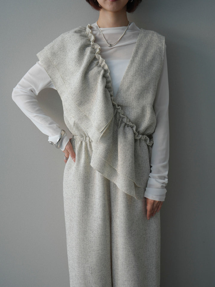 [SET]3WAYミックスツイードギャザーオールインワン+シアープチネックストレッチトップス(2set)