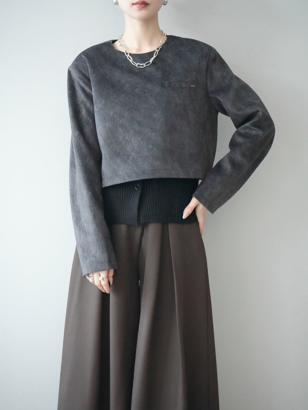 [予約]リブニットレイヤードスエードプルオーバー/charcoal