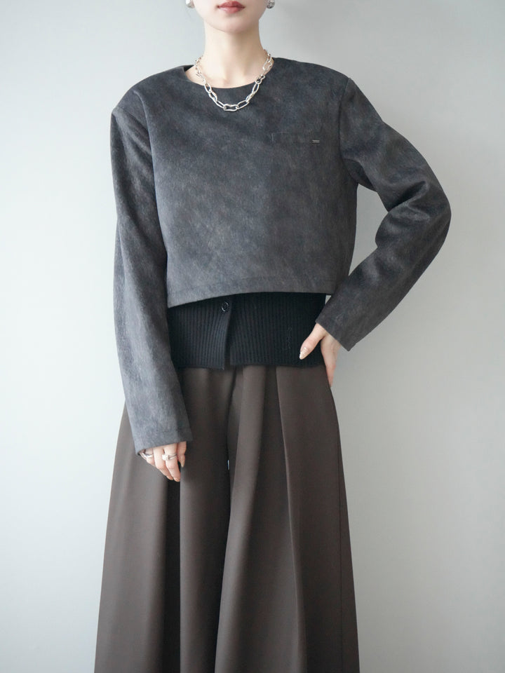 [予約]リブニットレイヤードスエードプルオーバー/charcoal
