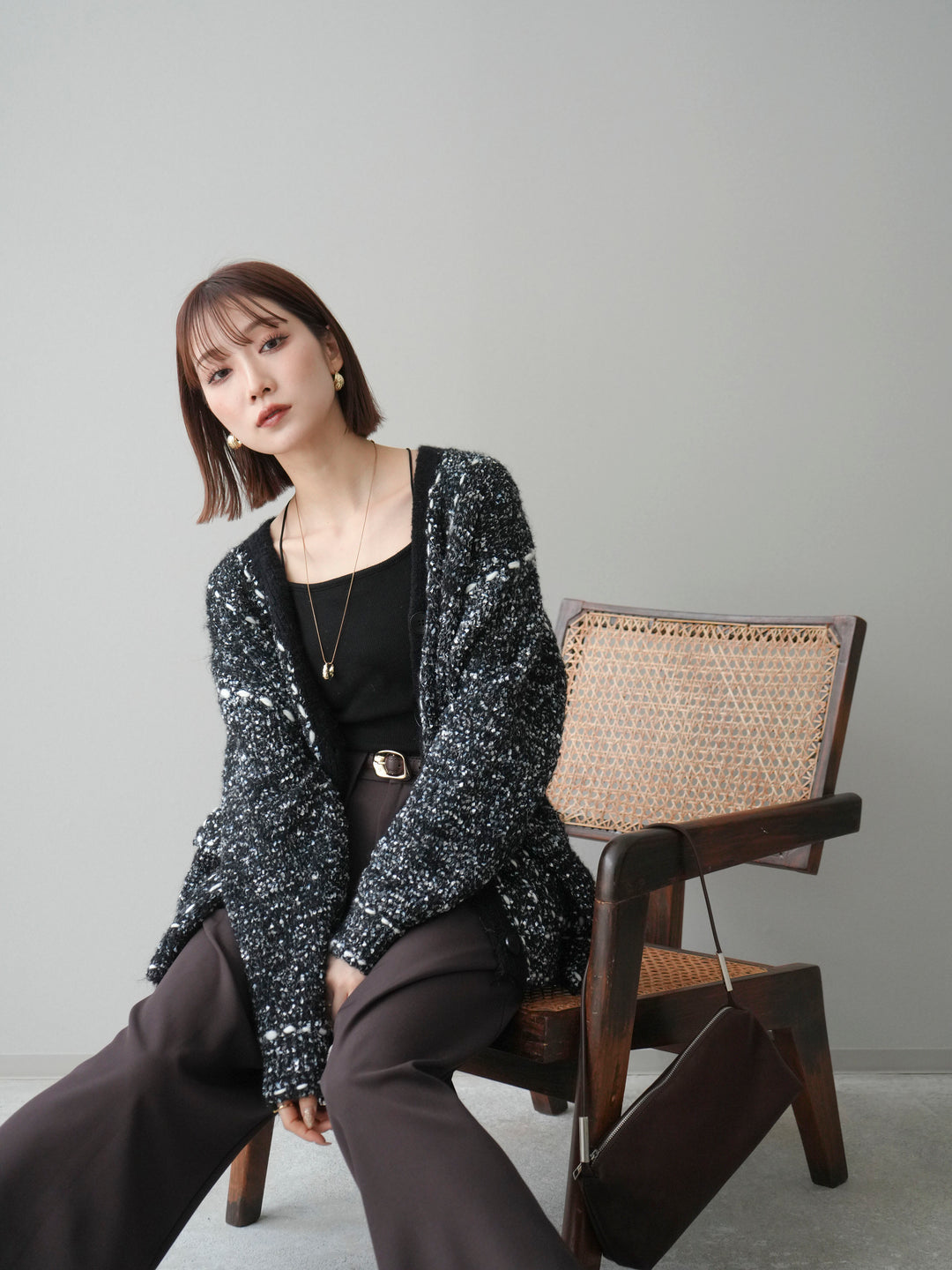 [SET]ブークレハンドステッチニットカーディガン+ベルトループデザインワイドパンツ(2set)