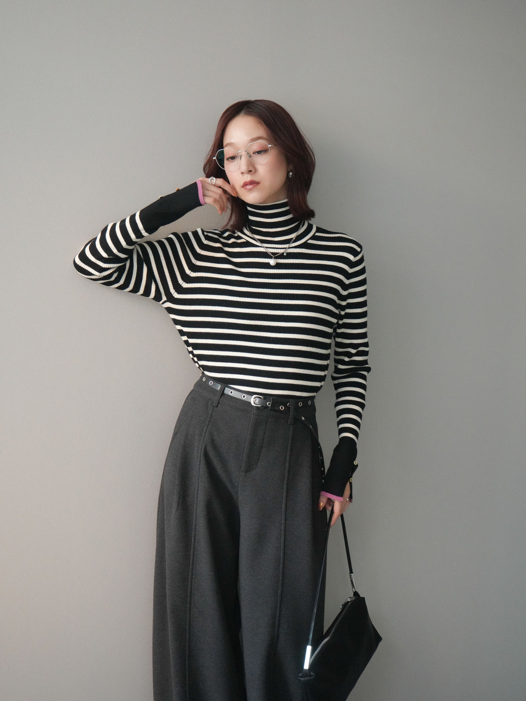 [SET]袖配色ハイネックボーダーリブニットトップス+ベルト付き裏起毛ワイドパンツ(2set)