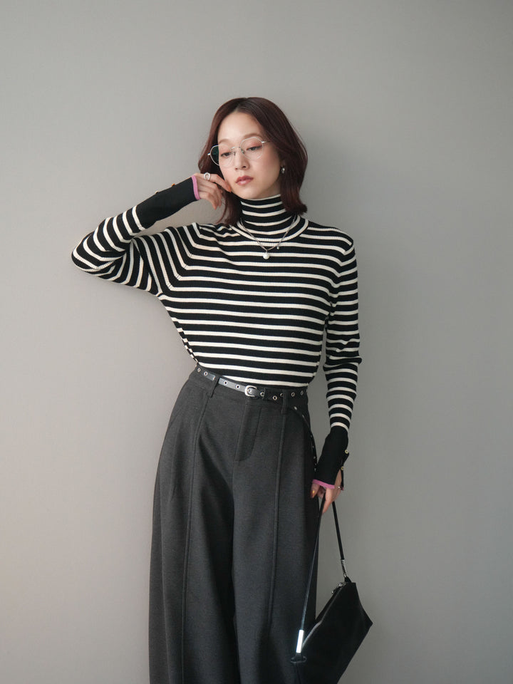 [SET]袖配色ハイネックボーダーリブニットトップス+ベルト付き裏起毛ワイドパンツ(2set)