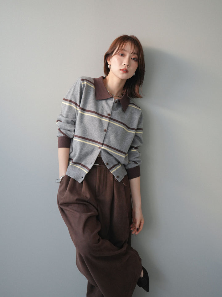 [予約]配色マルチボーダーポロニットカーディガン/gray