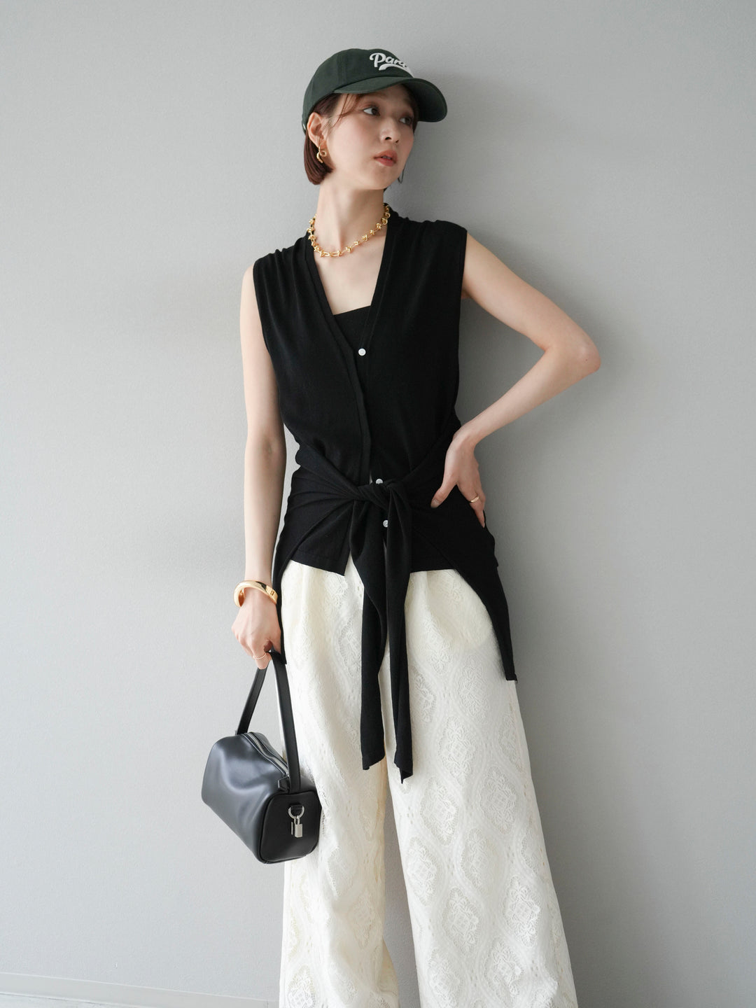 [SET]腰巻きデザインノースリーブニットカーディガン+レースタックイージーパンツ(2set)