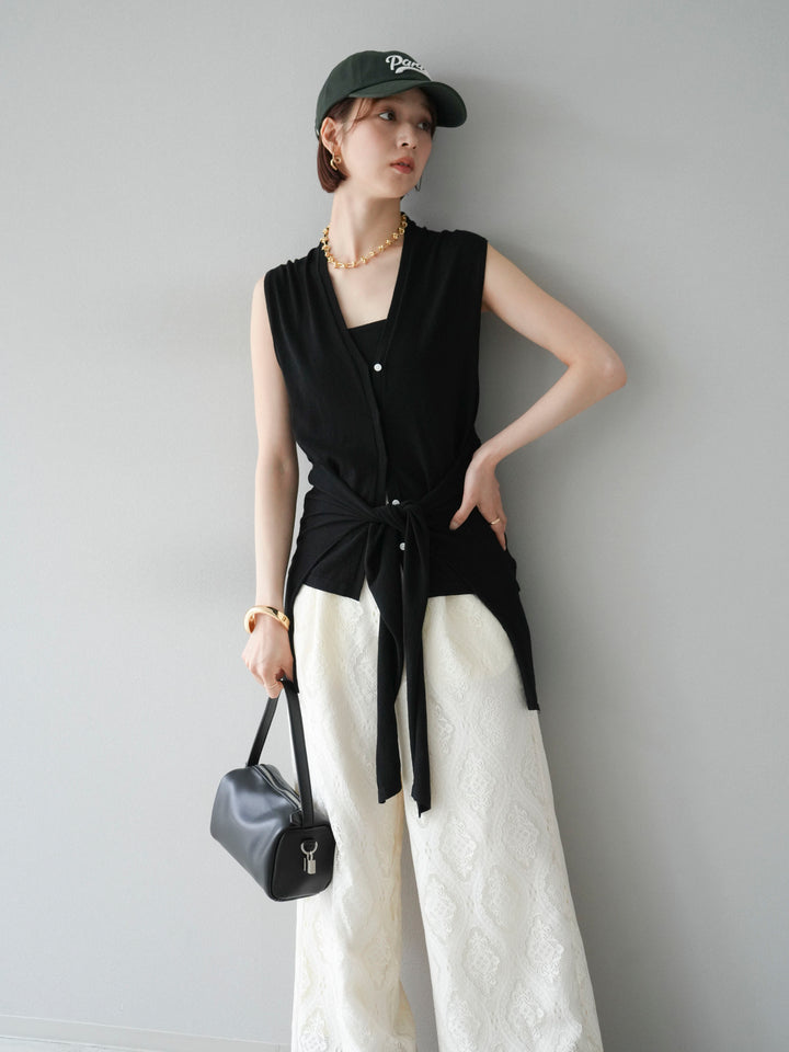 [SET]腰巻きデザインノースリーブニットカーディガン+レースタックイージーパンツ(2set)