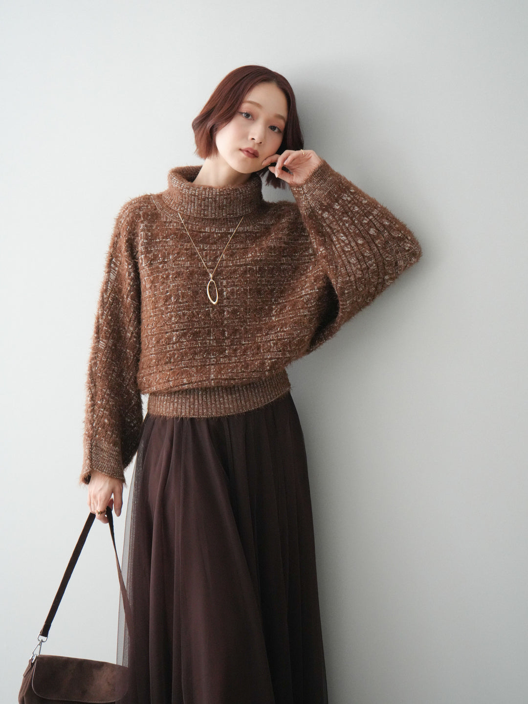 [予約]オフタートルケーブル編みニットプルオーバー/brown