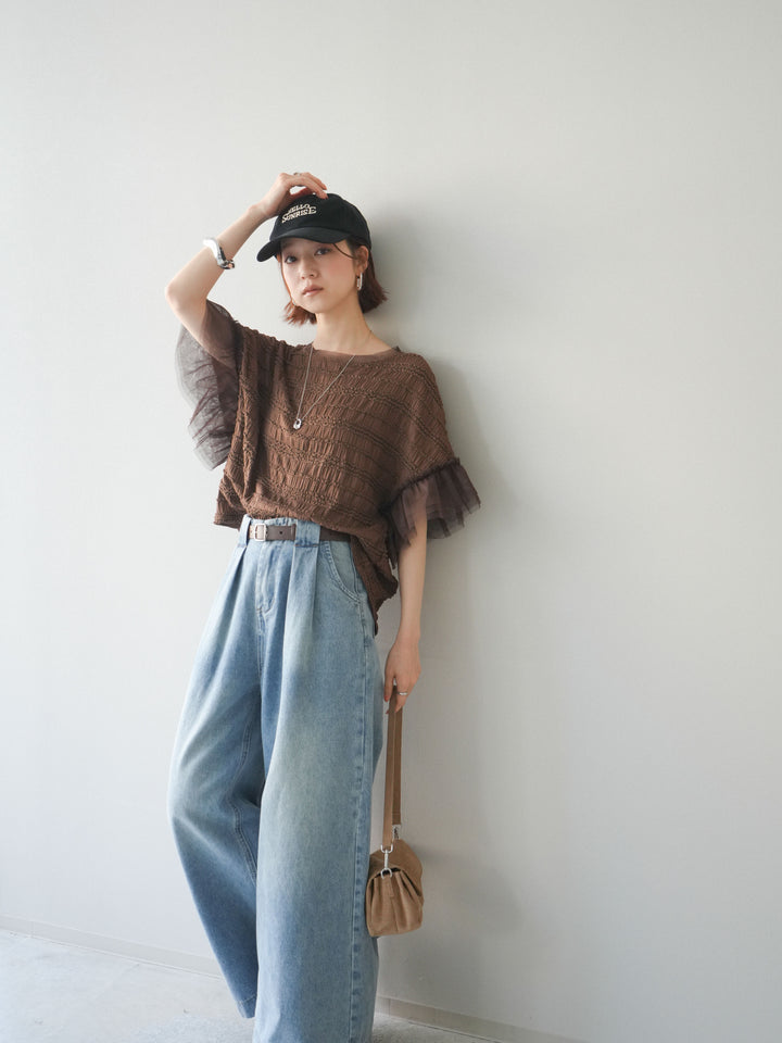 [予約]チュール袖リップルトップス/brown