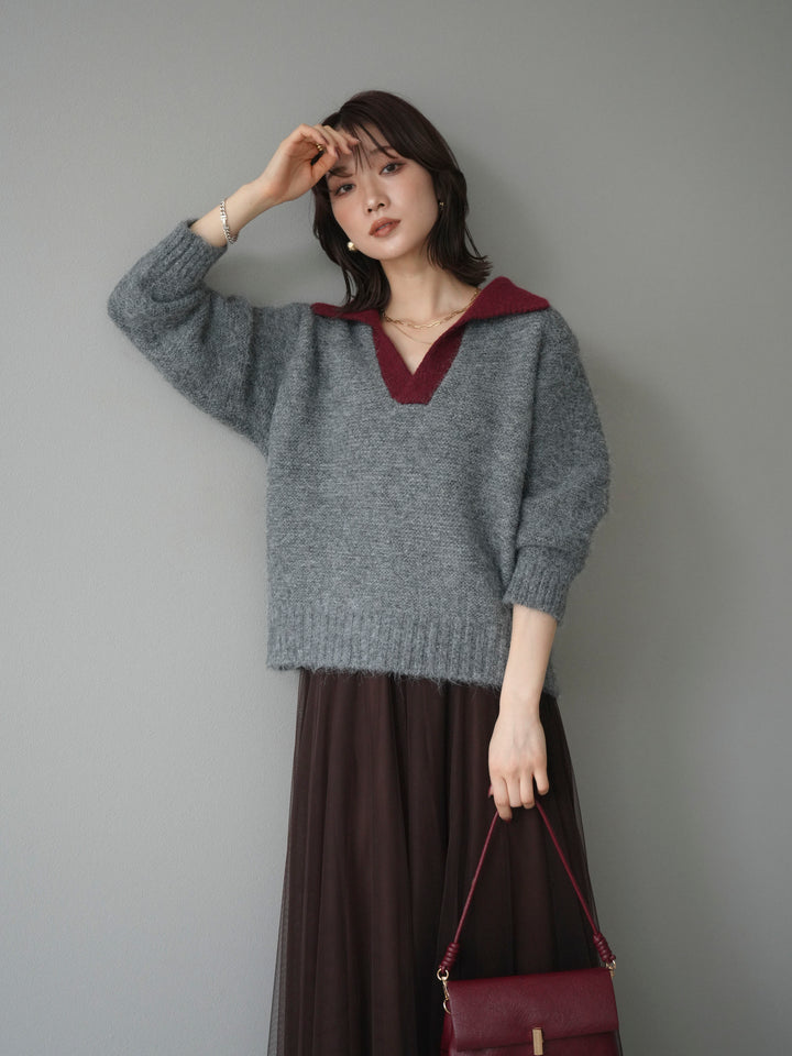 [予約]バイカラー襟付きニットプルオーバー/gray
