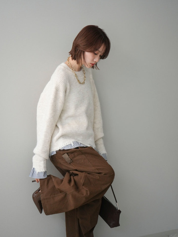 [SET]裾シャツレイヤードダメージニットプルオーバー+コットンタックループパンツ(2set)