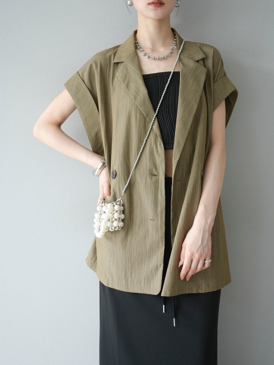 [予約]リネンライクノースリーブダブルジレ/グレージュ