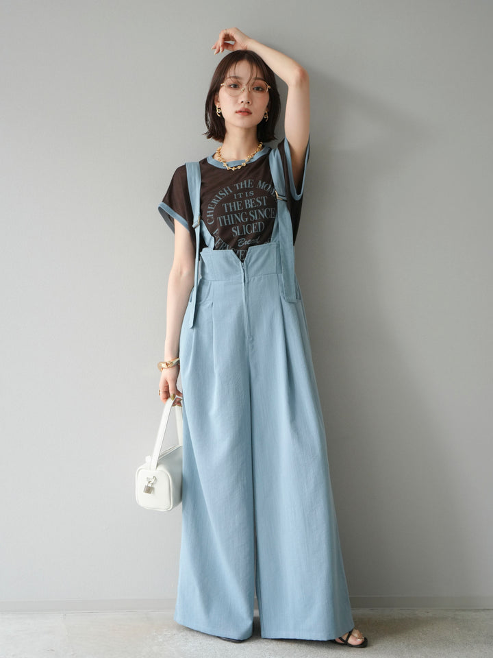 [SET]ストリングデザインハイウエストサロペット+シアーフライス ロゴプリントT (2set)