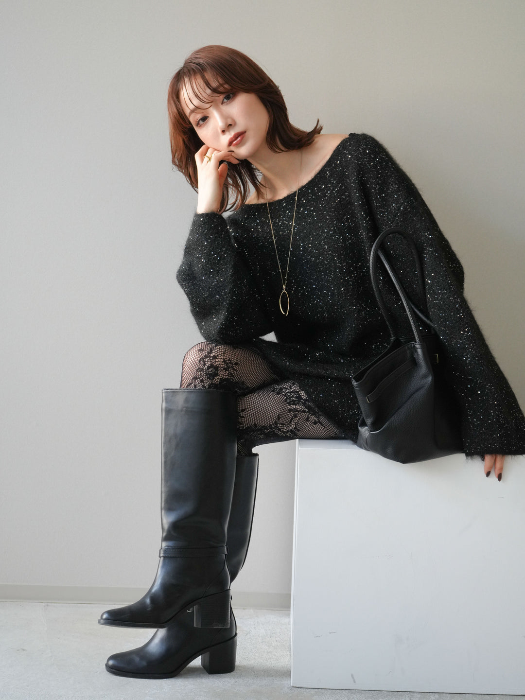 [予約]スパンコールミニシャギーニットチュニック/black