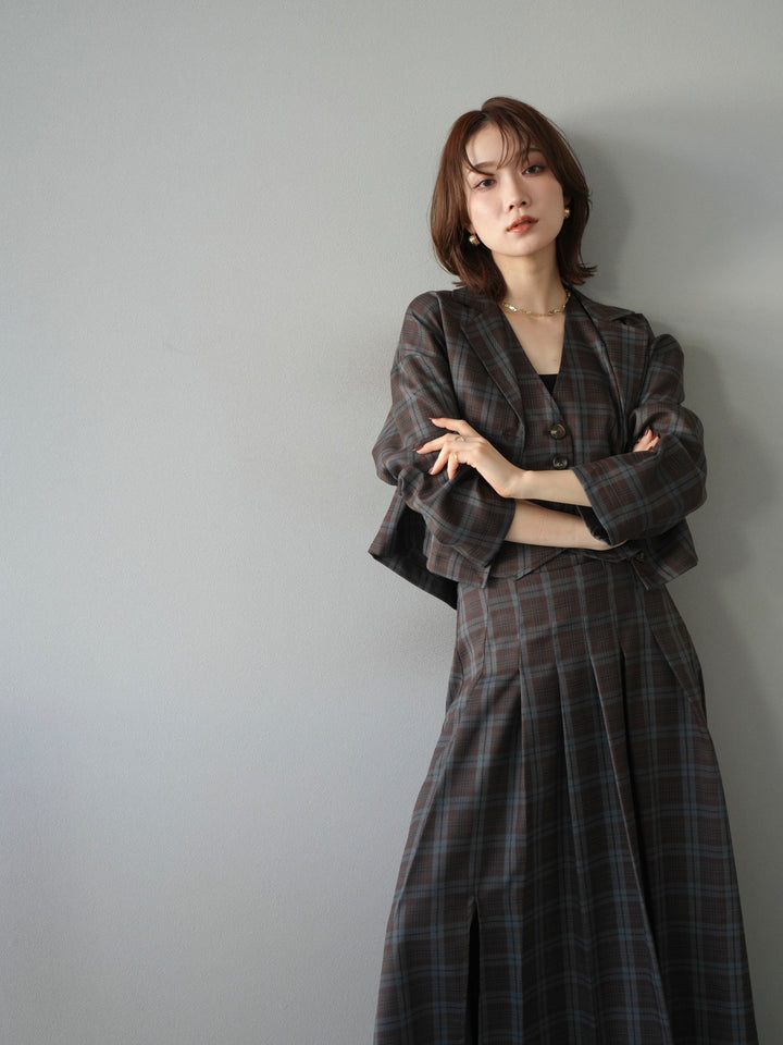 [SET]チェック柄ショートジャケット+チェック柄ベスト+チェック柄タックフレアスカート(3set)