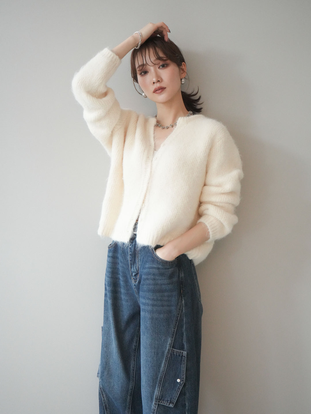 [予約]キーネックシャギーニットカーディガン/ivory