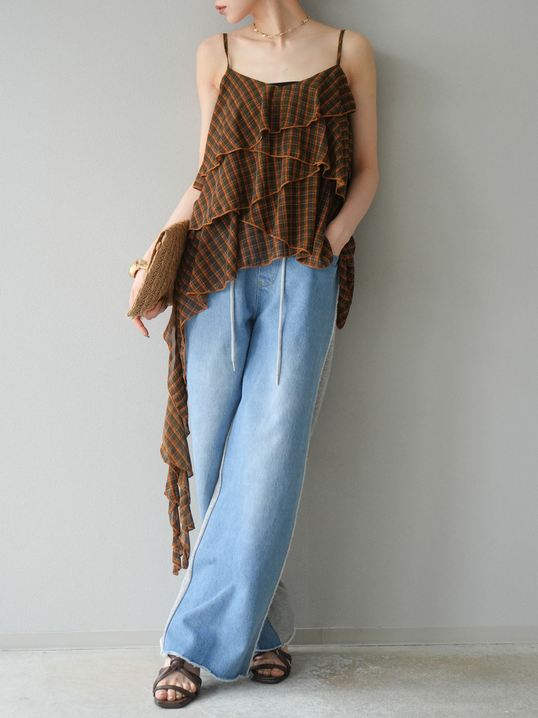 [予約]チェック柄ラッフルキャミソール/ブラウン