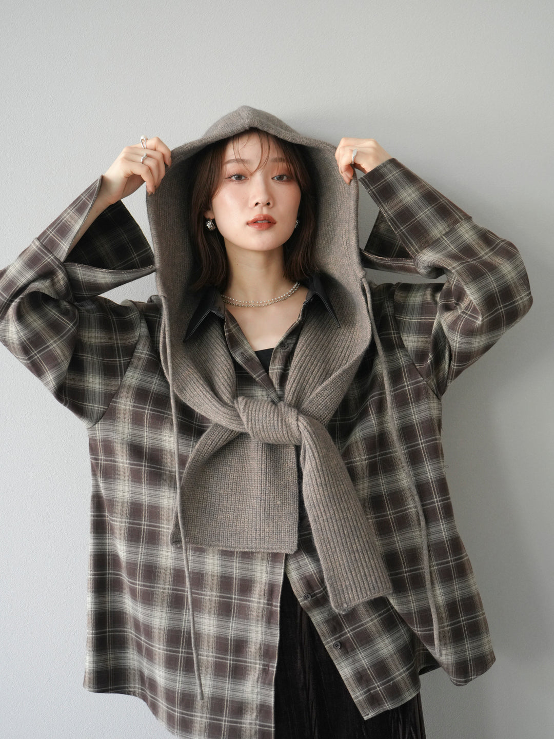 【着回しセット】[SET]レザー襟オンブレチェックオーバーシャツ +クラッシュベロアナロースカート+ツイードハーフパンツ(3set)