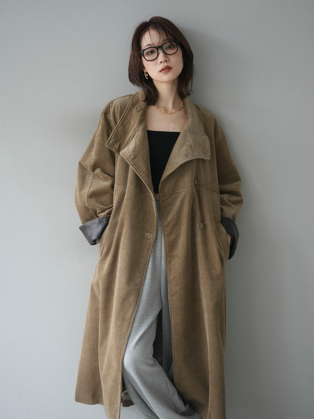 [予約]コーデュロイ折り返しレザーロングコート/beige