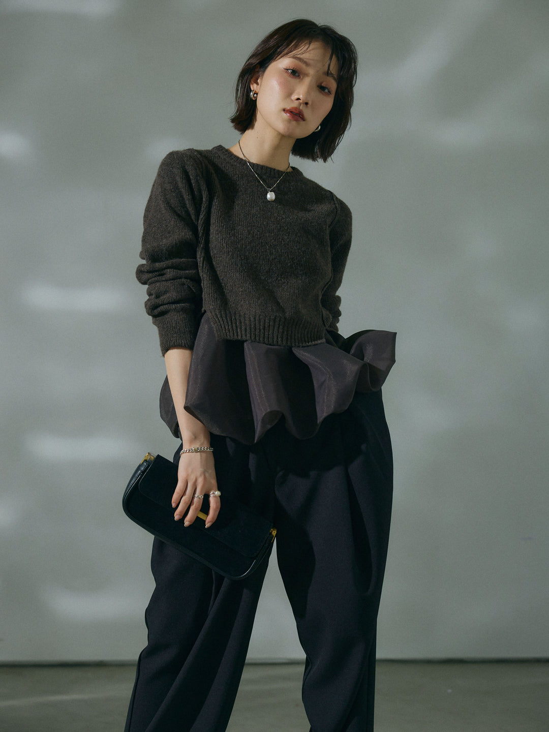 【Allure】[SET]オーガンジーバルーンキャミアンサンブルニット+アシンメトリーウエストタックパンツ(2set)