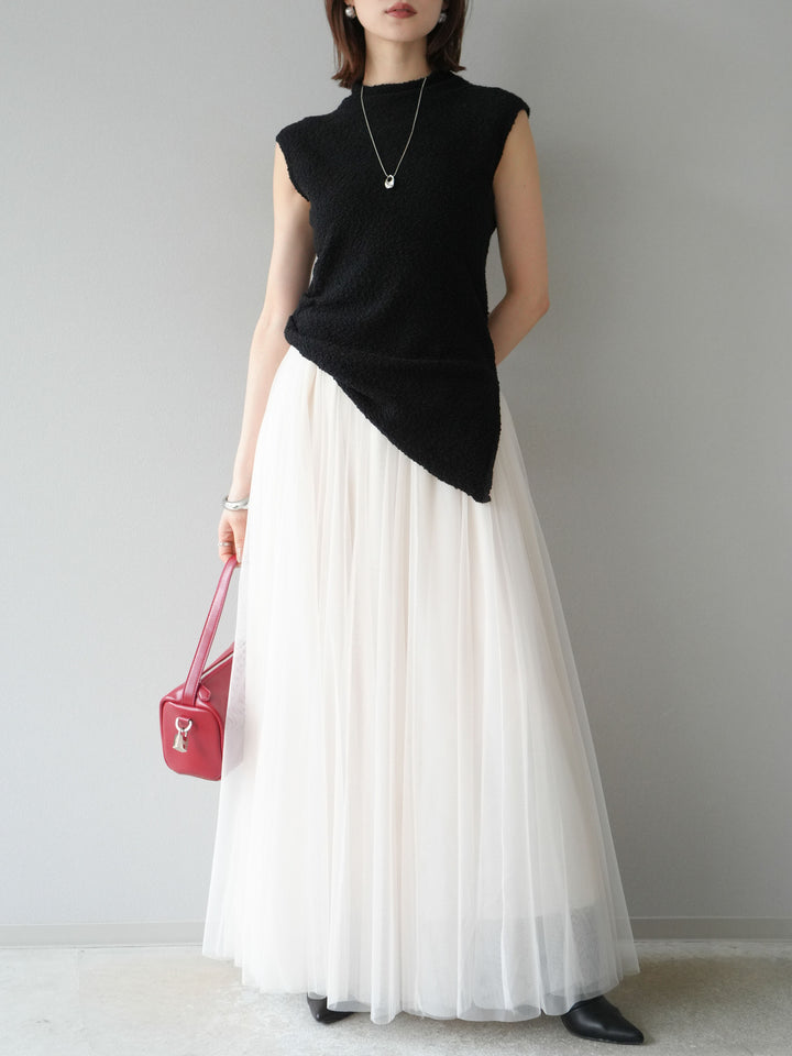 [SET]ブークレアシメニットノースリーブトップス+チュールボリュームスカート(2set)